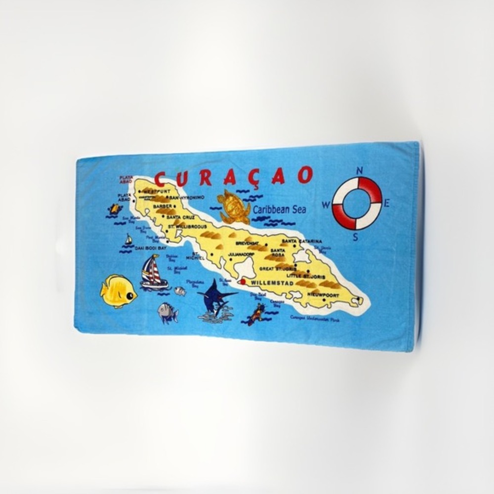 Vtg Beach Towel Blue Curacao‎ Map 100% Cotton Terrycloth Graphic Print 30 x 55